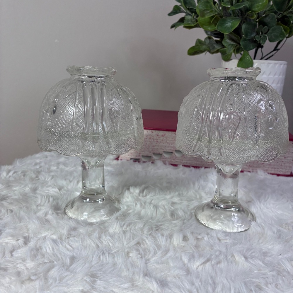Vintage Clear Glass Fairy Lamp Candle Holders Set of 2 No Chips Floral Pattern